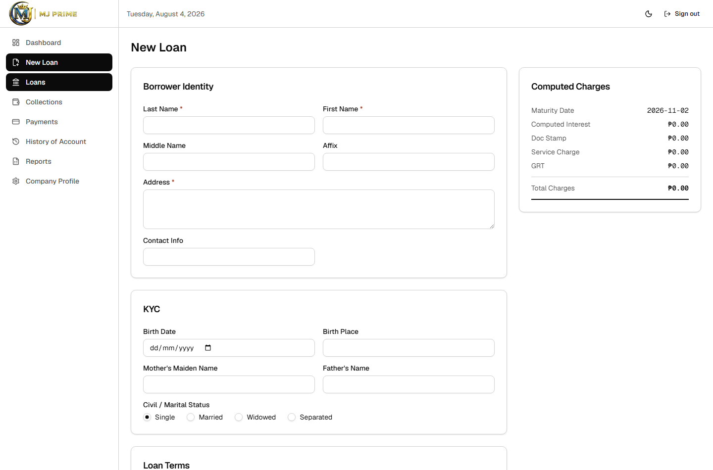 MJ Prime new loan workflow