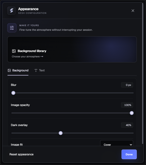 SESH appearance settings with blur, opacity, and overlay controls