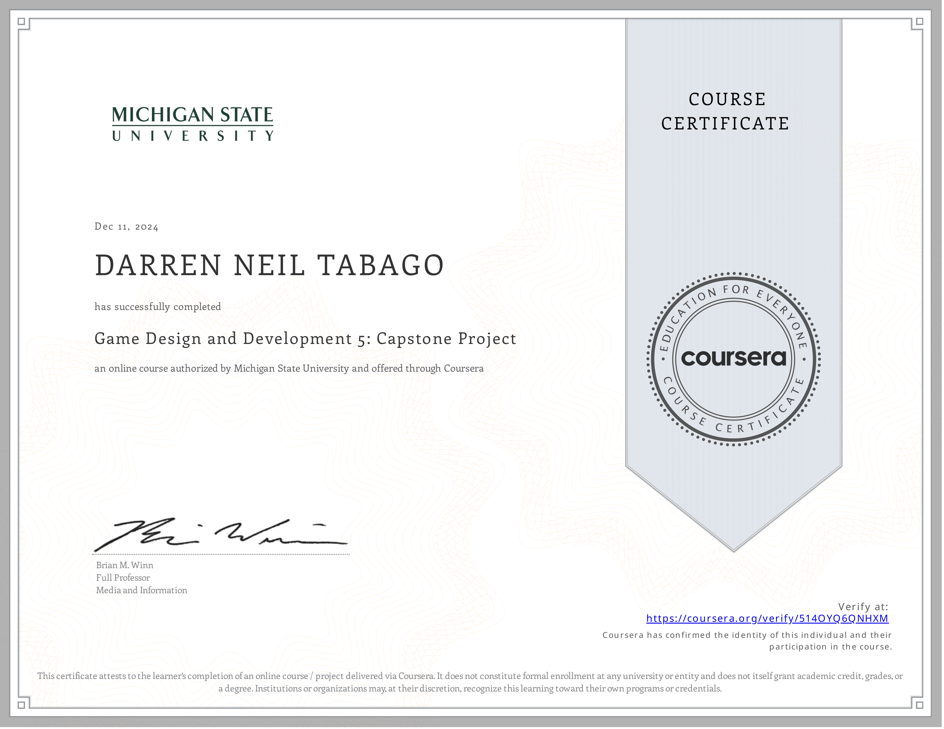 Game Design and Development 5 Capstone Project certificate