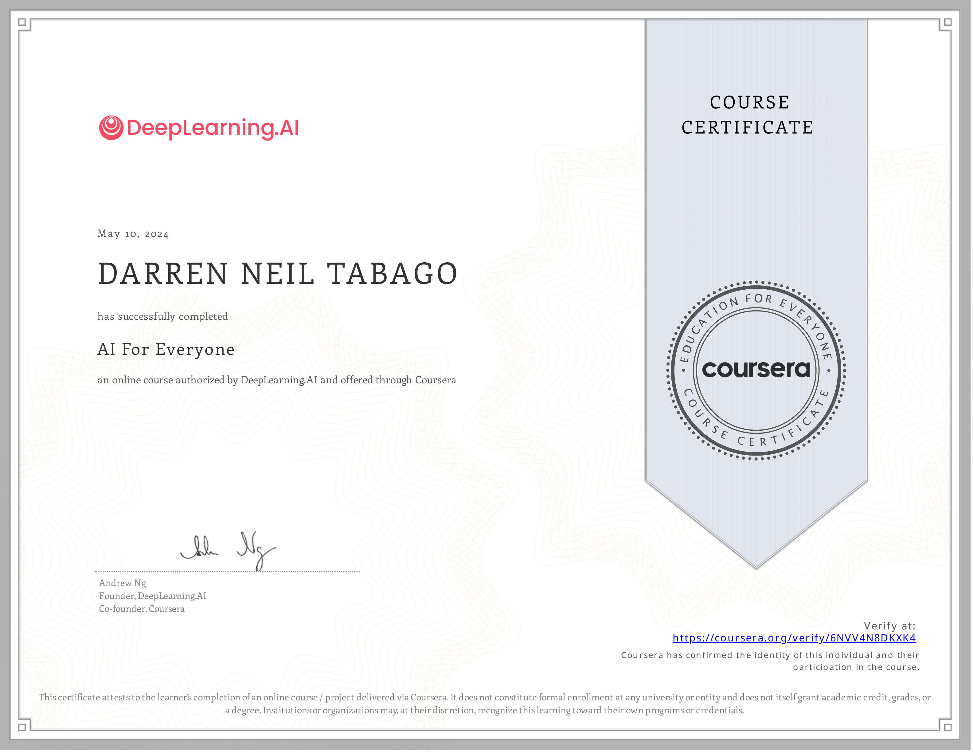 AI For Everyone certificate