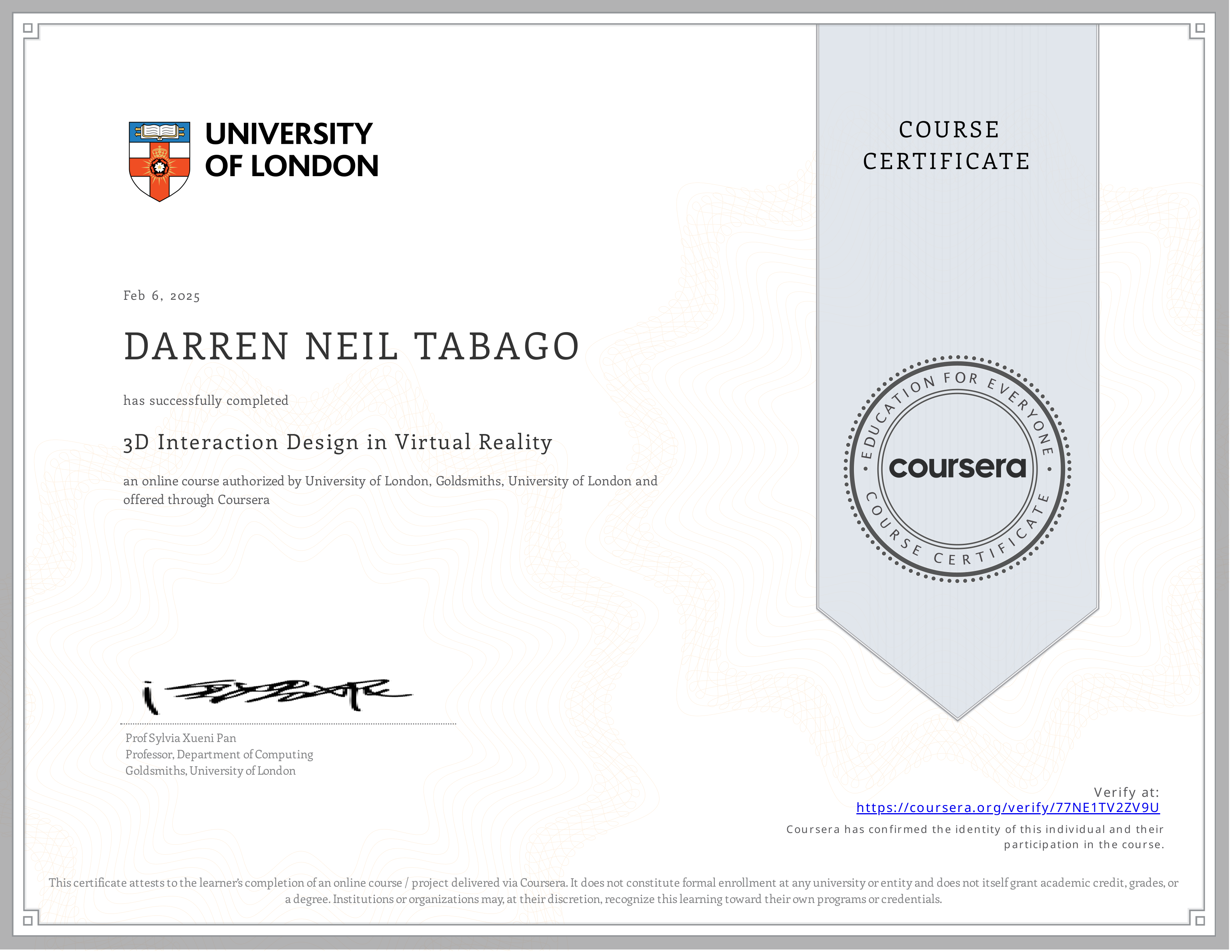 3D Interaction Design in Virtual Reality certificate preview