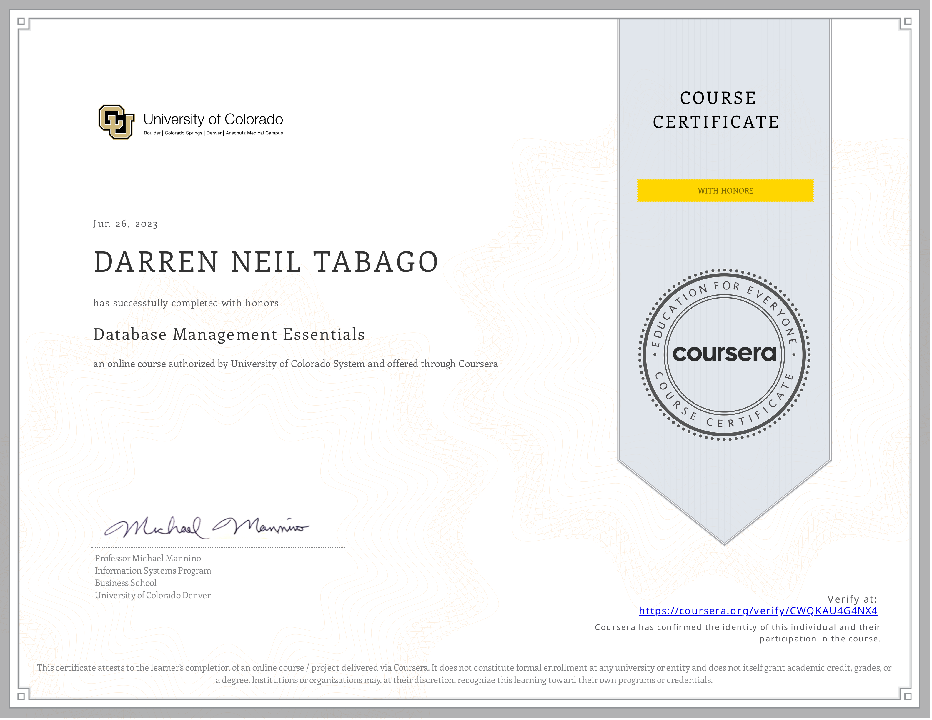 Database Management Essentials certificate