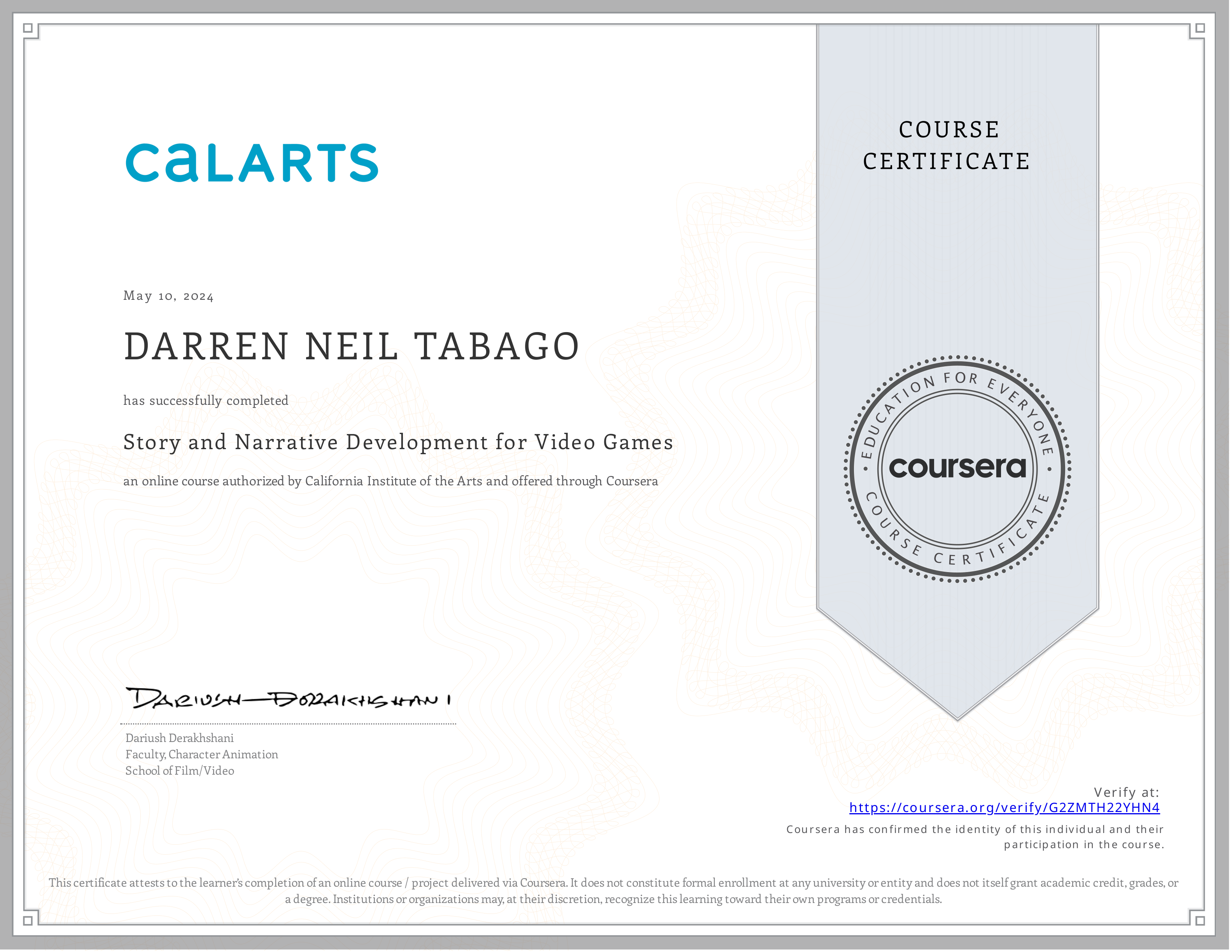 Story and Narrative Development for Video Games certificate preview