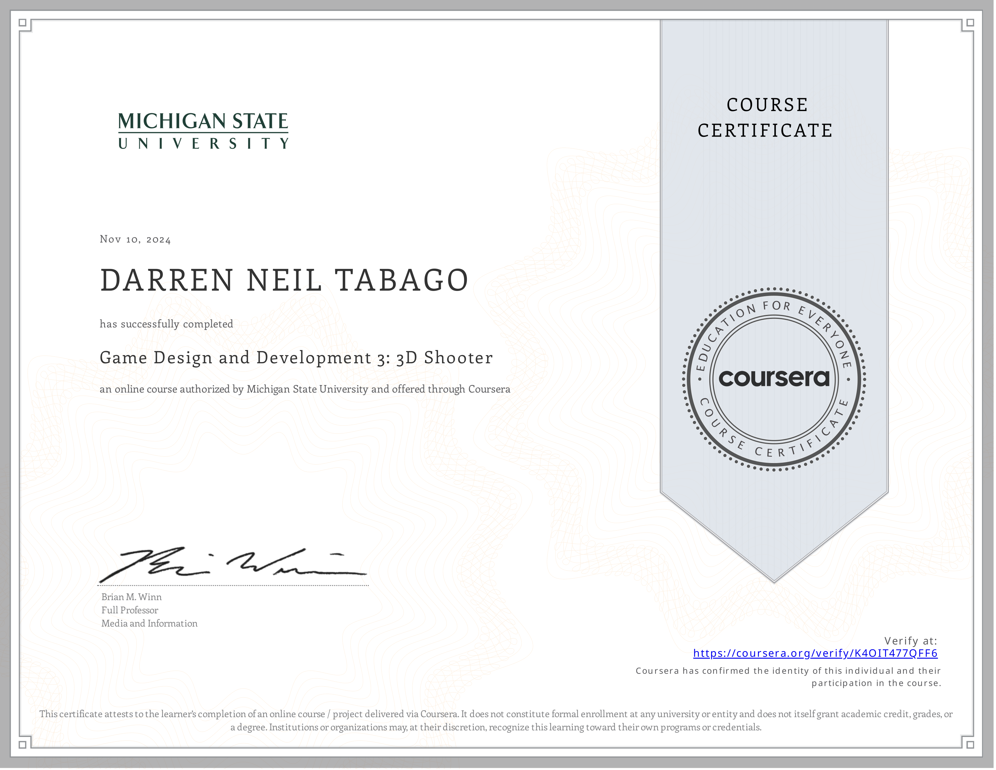 Game Design and Development 3 certificate preview
