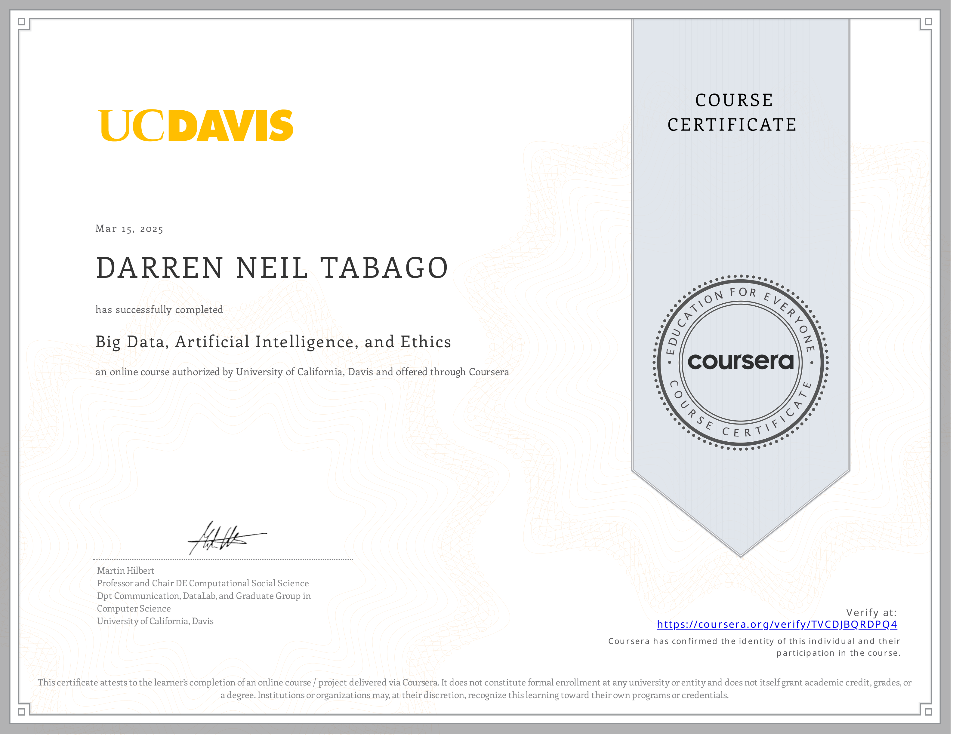 Big Data, Artificial Intelligence, and Ethics certificate preview
